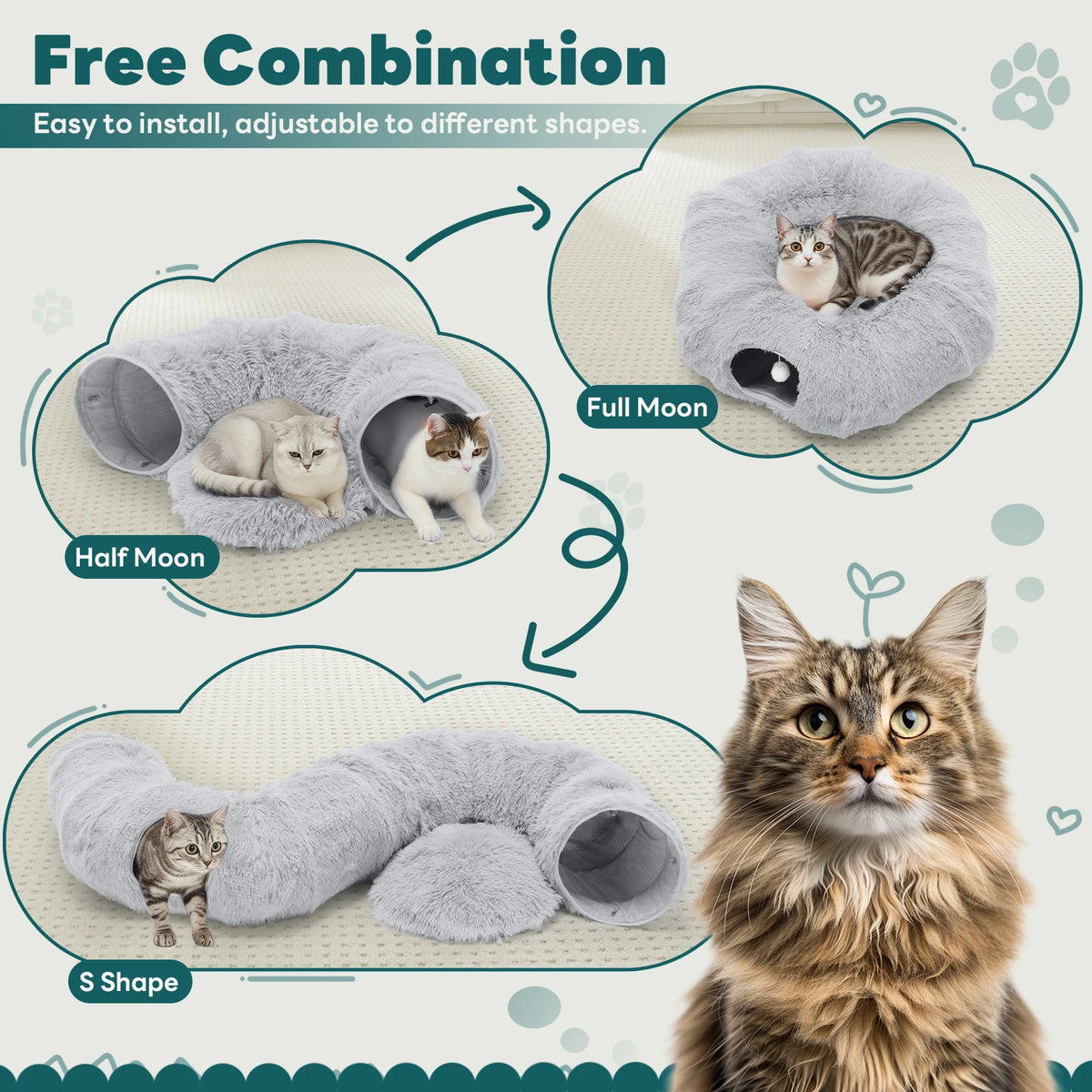 JHK Cat Tunnel Bed Soft Plush Washable Pet Toy Playhouse