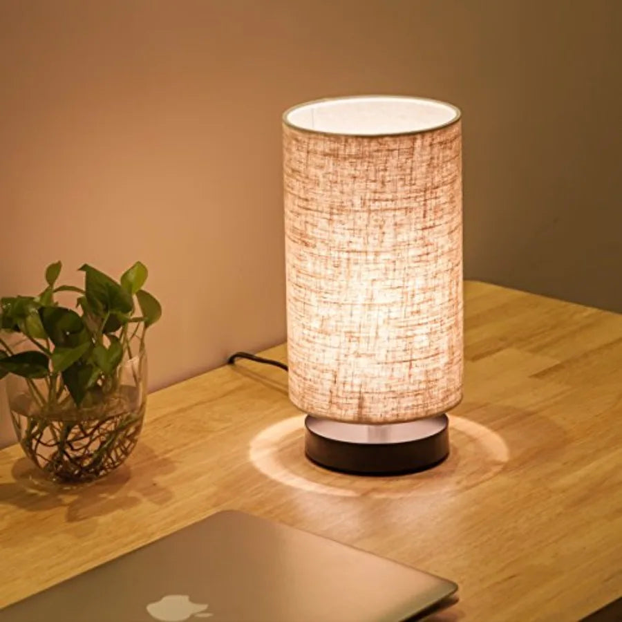 Solar Bedside Lamp Wooden Base Fabric Shade Cylinder Shape Nightstand