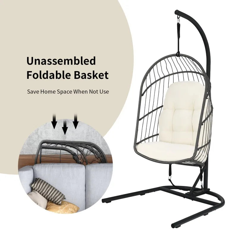 Foldable Wicker Egg Chair With Stand Cushion Indoor Outdoor Patio