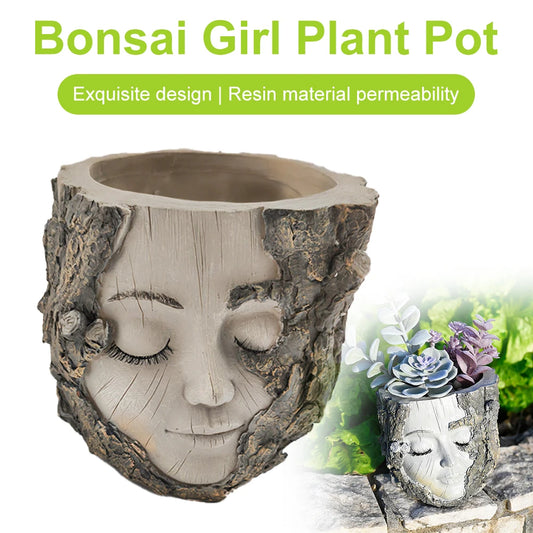 Handpainted Resin Tree Stump Girl Planter For Home Decor Shelf