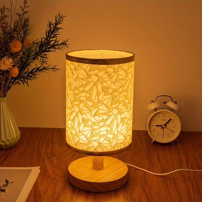 Wooden USB Table Lamp With Fabric Shade Emitting Warm Monochromatic Light