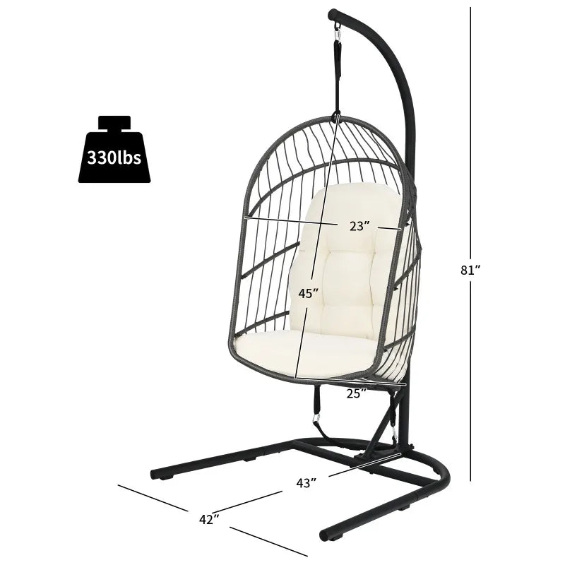 Foldable Wicker Egg Chair With Stand Cushion Indoor Outdoor Patio