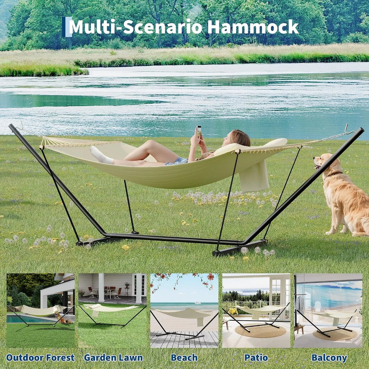 Double Hammock With Stand And Pillow For Outdoor Relaxation