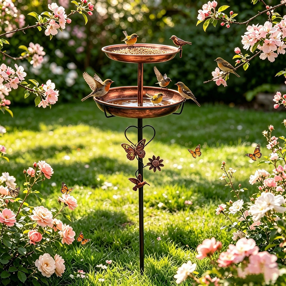 2 Tier Copper Metal Bird Bath For Garden Outdoor Decor