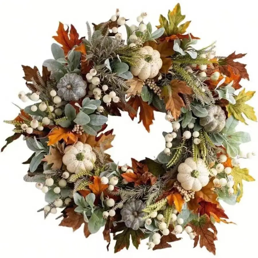 Thanksgiving Fall Wreath With Pumpkins Pinecones And Maple Leaves