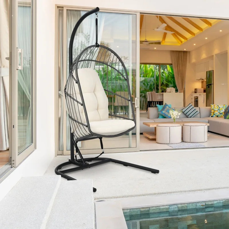 Foldable Wicker Egg Chair With Stand Cushion Indoor Outdoor Patio