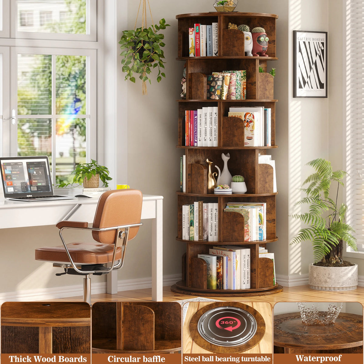 Aheaplus Rotating Wood Corner Bookshelf With Smooth Revolving Design