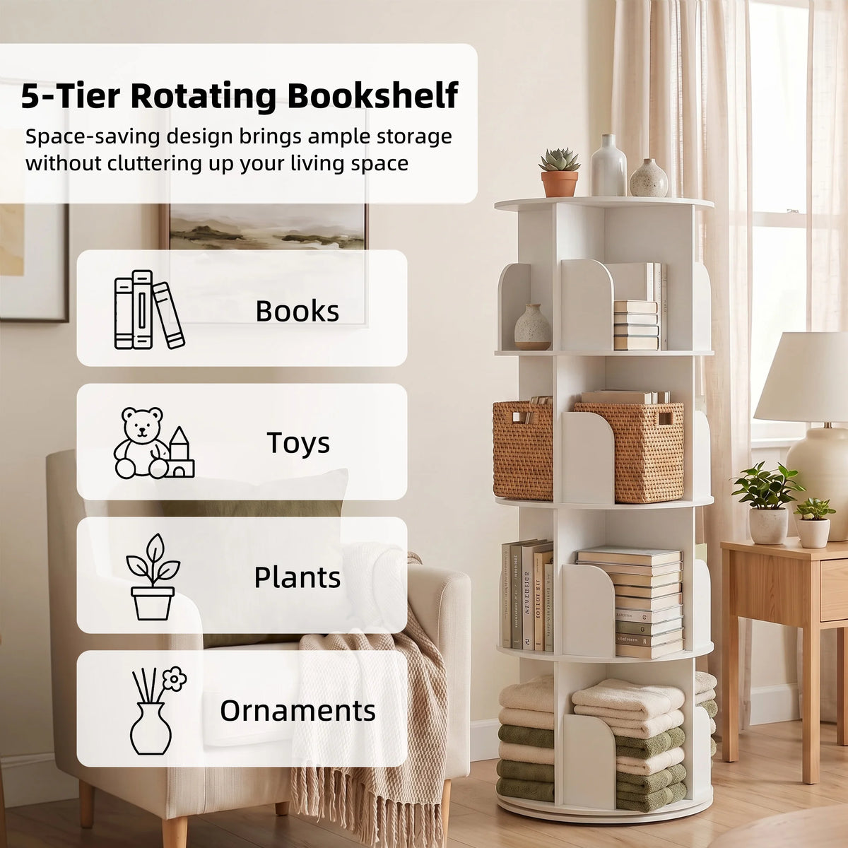 JHK Freestanding Rotating Corner Bookshelf With Storage Display
