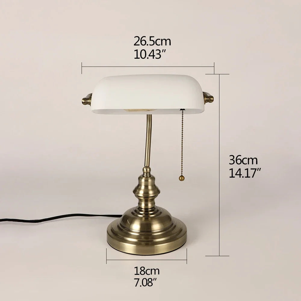 Traditional Glass Bankers Desk Lamp Featuring Zipper Switch And E27