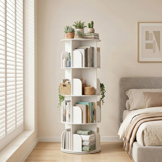 JHK Freestanding Rotating Corner Bookshelf With Storage Display