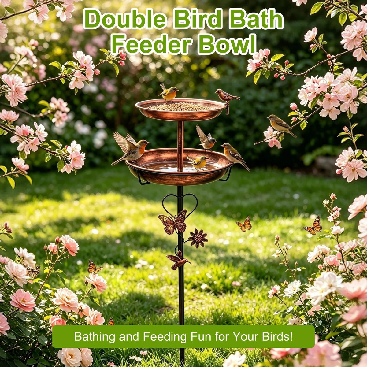2 Tier Copper Metal Bird Bath For Garden Outdoor Decor