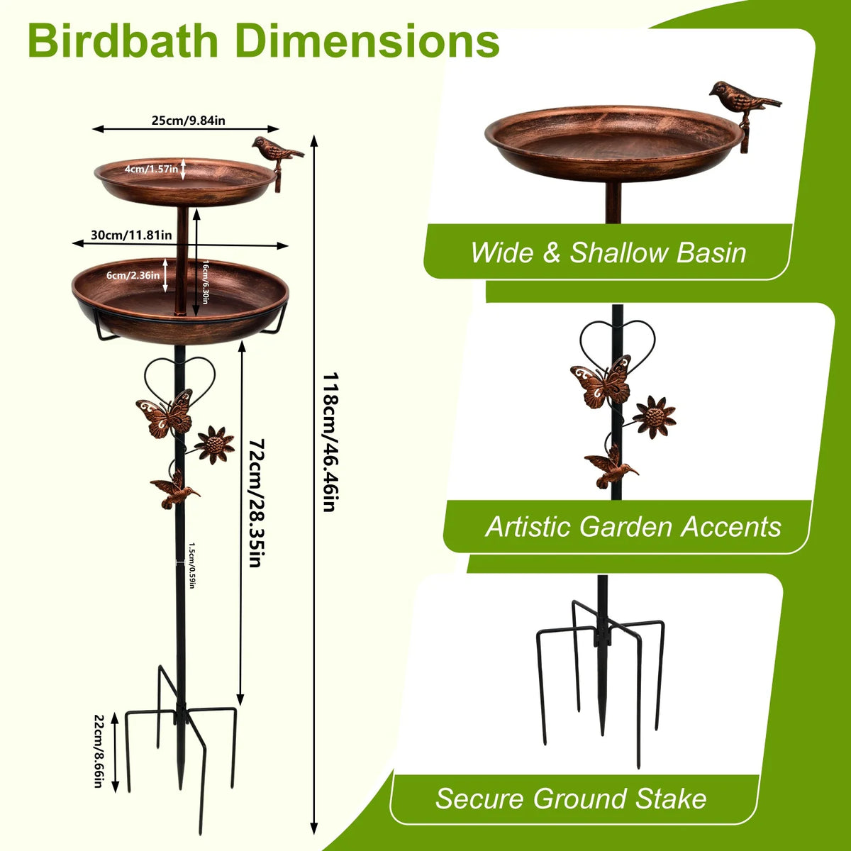 2 Tier Copper Metal Bird Bath For Garden Outdoor Decor