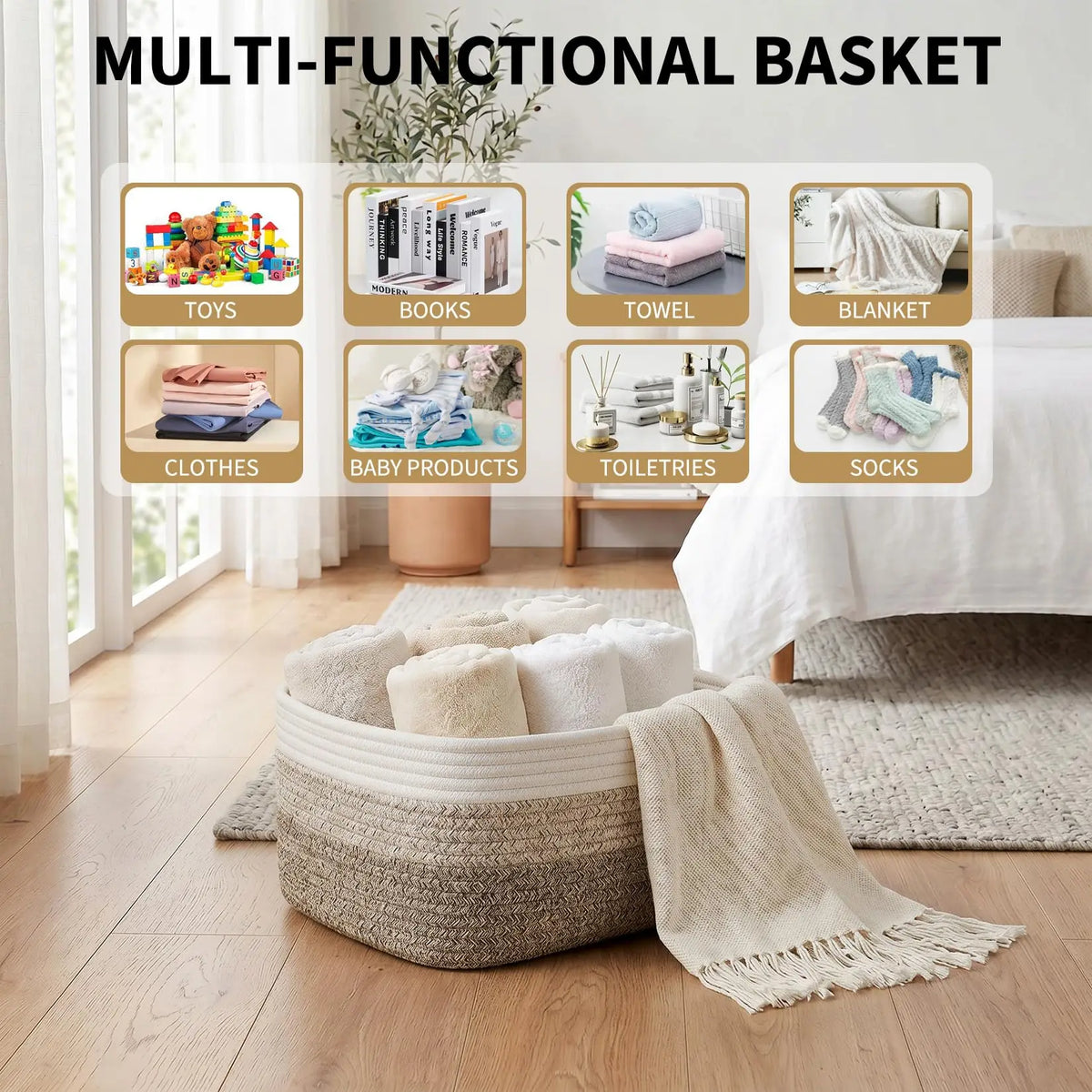 HiMISS Cotton Rope Woven Rectangular Storage Basket Shelf Organizer