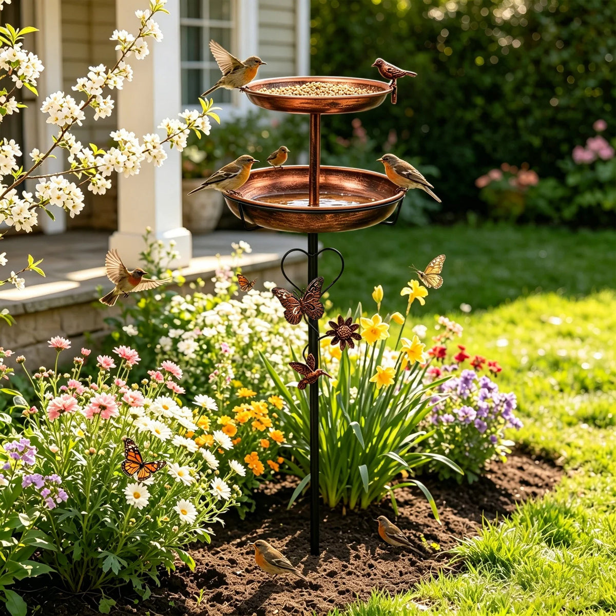 2 Tier Copper Metal Bird Bath For Garden Outdoor Decor