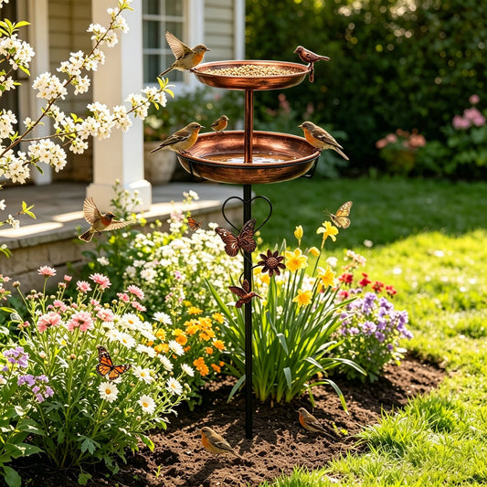 2 Tier Copper Metal Bird Bath For Garden Outdoor Decor