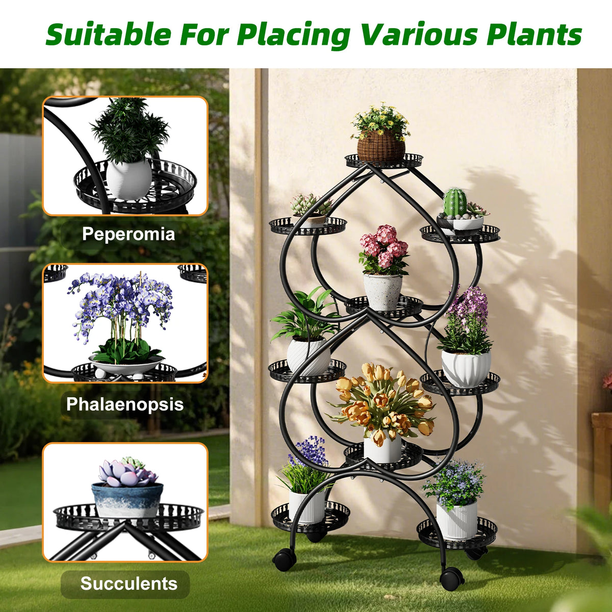 Nine Tier Metal Rolling Plant Stand for Garden Display