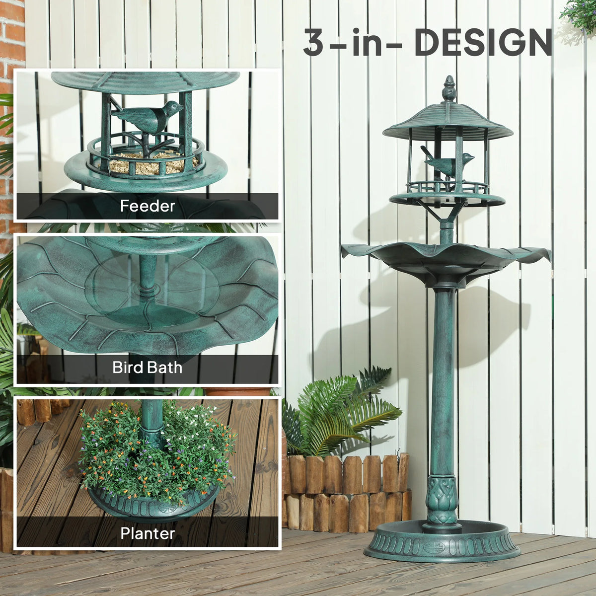Outsunny 3-In-1 Resin Bird Bath Feeder And Garden Planter