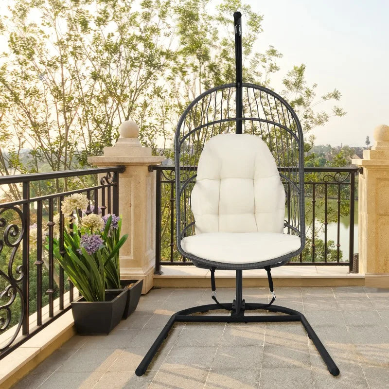 Foldable Wicker Egg Chair With Stand Cushion Indoor Outdoor Patio