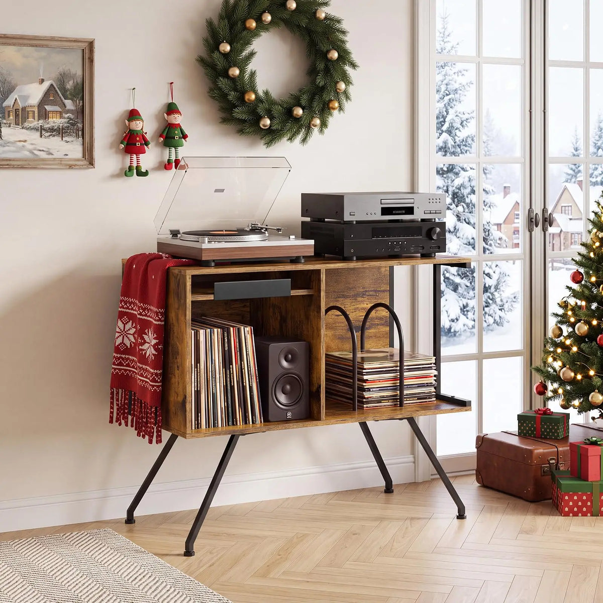 HiMISS Wooden Flip Top Vinyl Record Player Stand With Storage