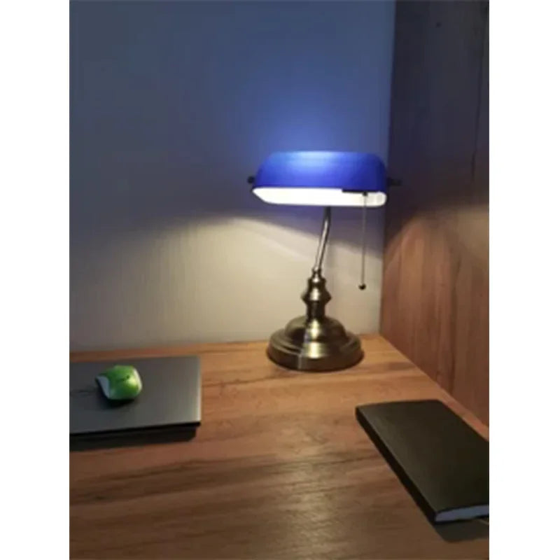 Traditional Glass Bankers Desk Lamp Featuring Zipper Switch And E27