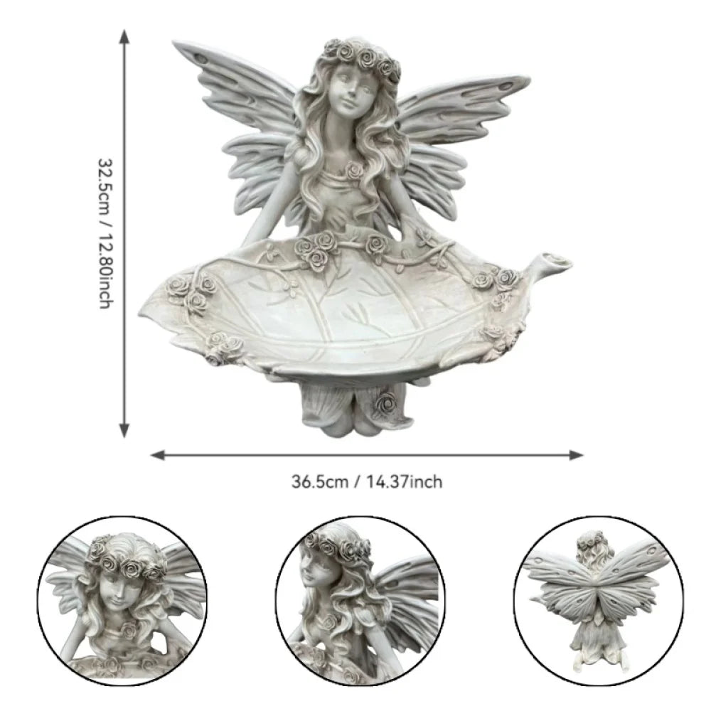 Whimsical Garden Fairy Resin Statue With Leaf Bird Feeder Tray