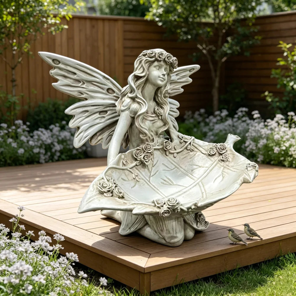 Whimsical Garden Fairy Resin Statue With Leaf Bird Feeder Tray