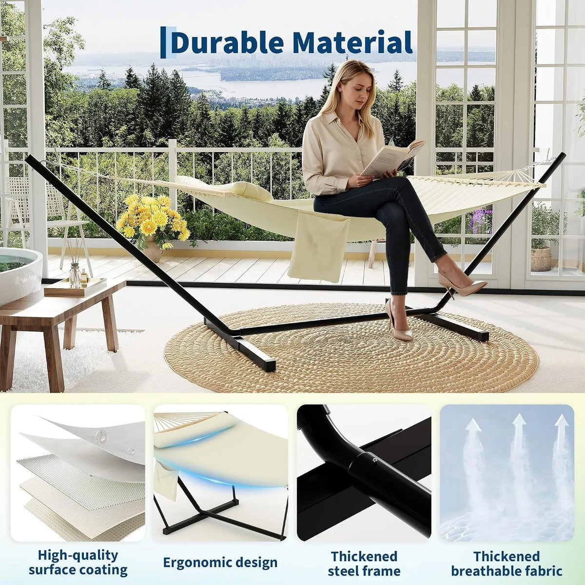 Double Hammock With Stand And Pillow For Outdoor Relaxation