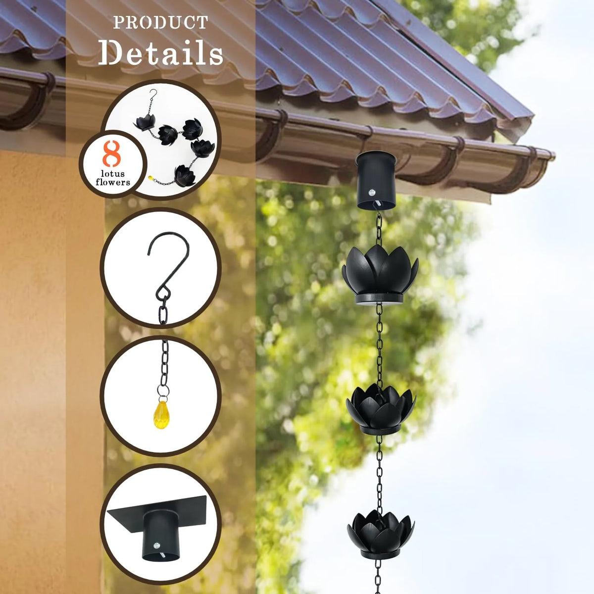 Elegant Lotus Metal Rain Chain With Gutter Adapter For Yard Decor