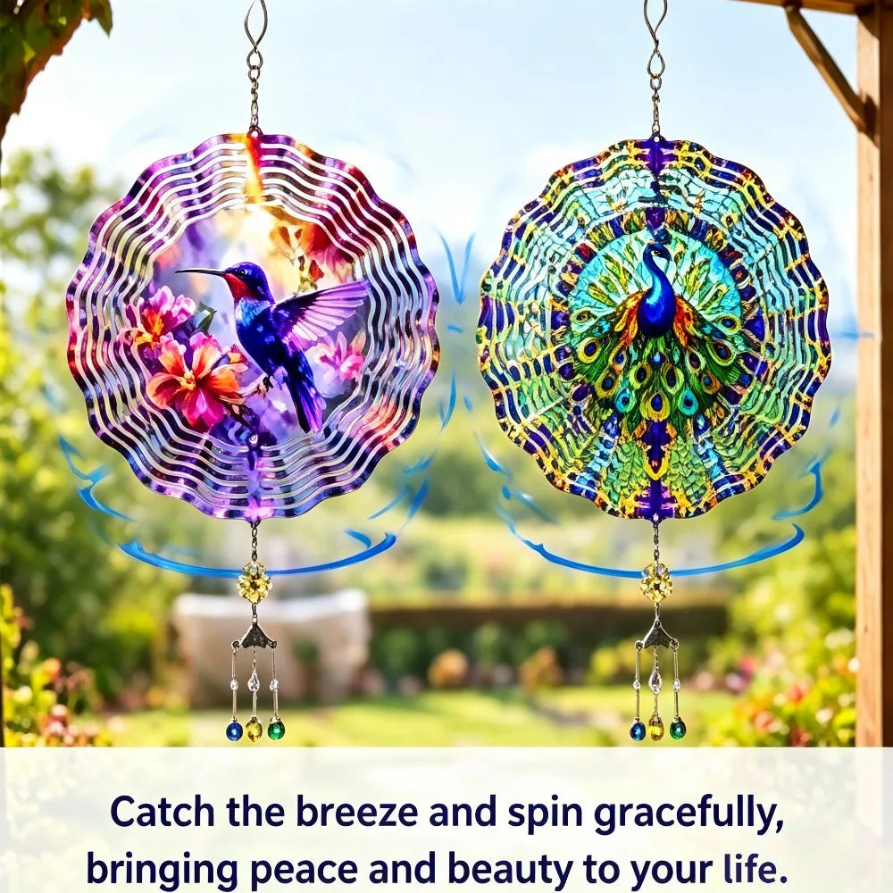Rotating Hummingbird And Peacock Wind Spinner For Garden Decor
