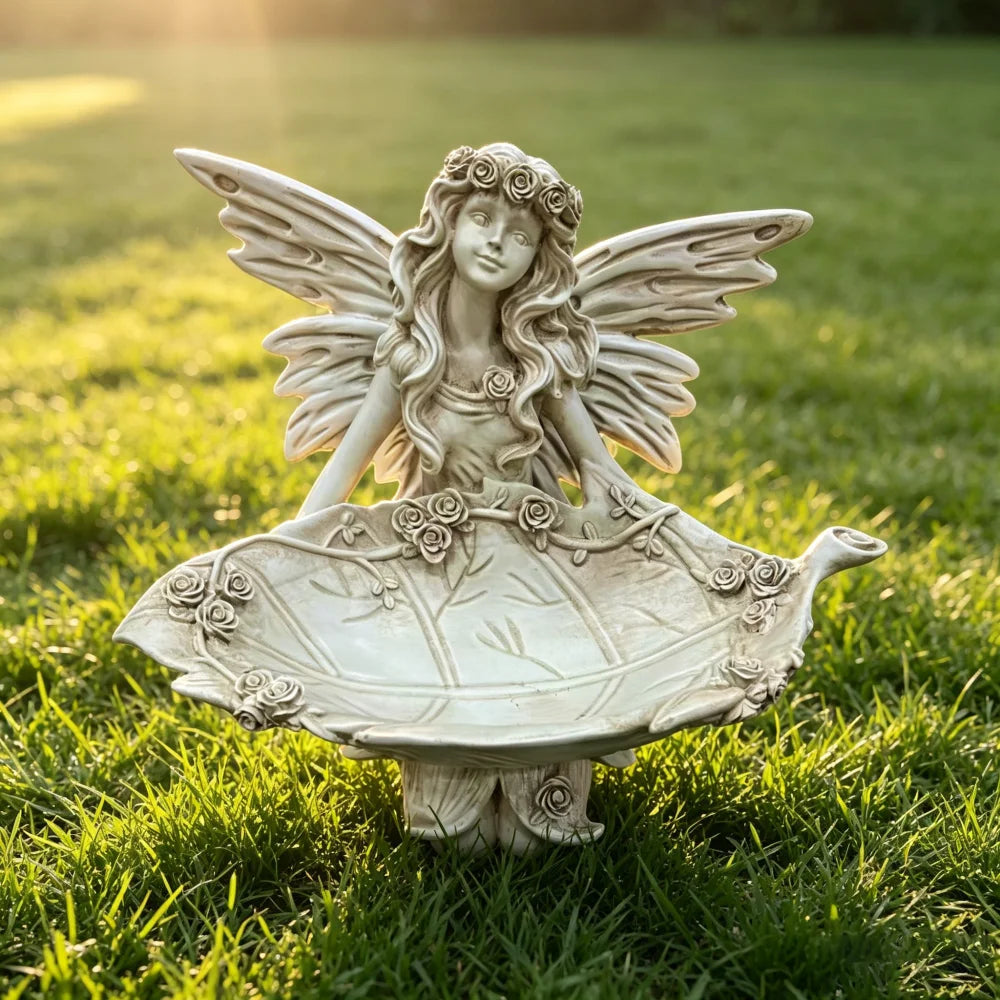 Whimsical Garden Fairy Resin Statue With Leaf Bird Feeder Tray