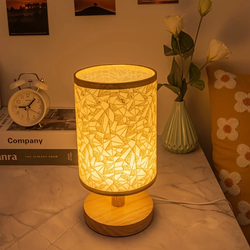 Wooden USB Table Lamp With Fabric Shade Emitting Warm Monochromatic Light