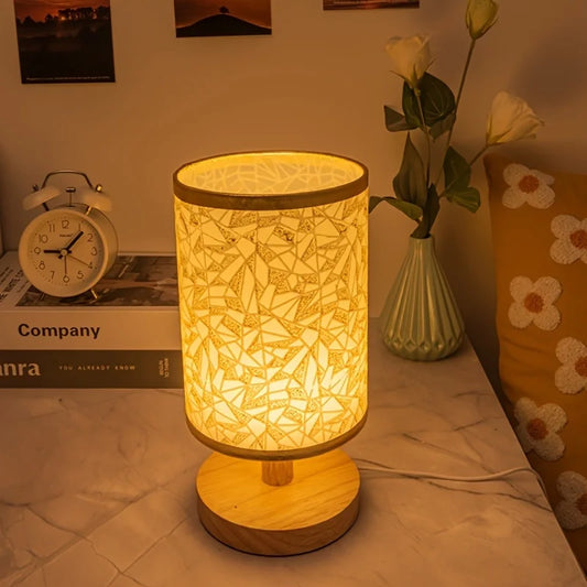 Wooden USB Table Lamp With Fabric Shade Emitting Warm Monochromatic Light
