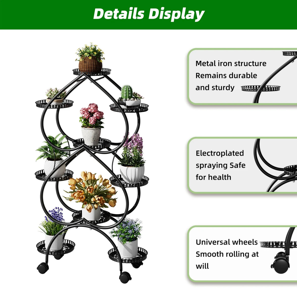 Nine Tier Metal Rolling Plant Stand for Garden Display