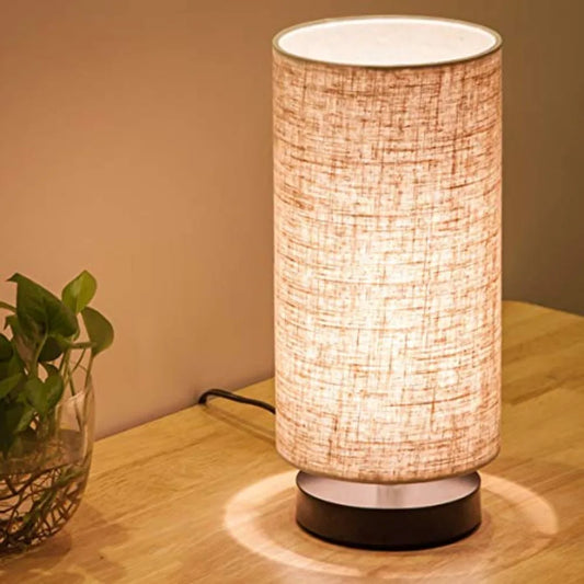 Solar Bedside Lamp Wooden Base Fabric Shade Cylinder Shape Nightstand