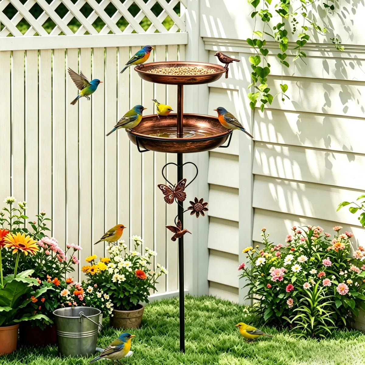 2 Tier Copper Metal Bird Bath For Garden Outdoor Decor