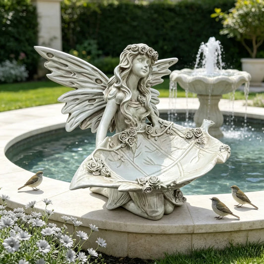 Whimsical Garden Fairy Resin Statue With Leaf Bird Feeder Tray