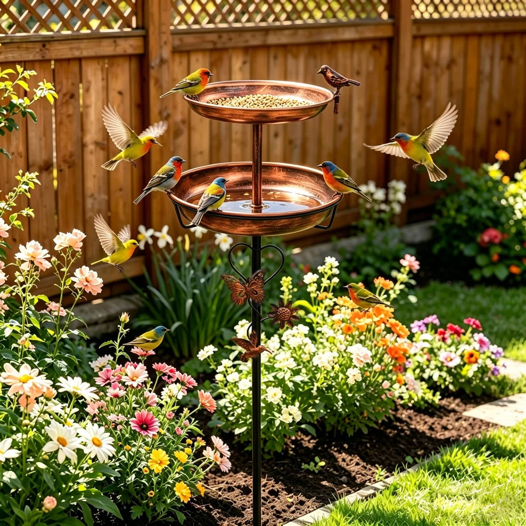 Outdoor Double Layer Bird Feeder and Bath Stand for Garden
