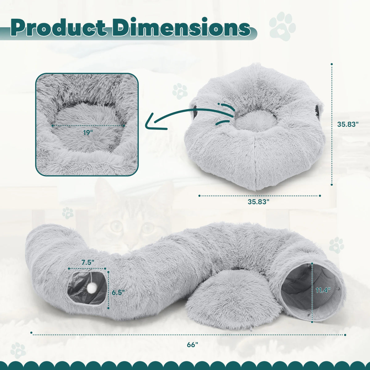 JHK Cat Tunnel Bed Soft Plush Washable Pet Toy Playhouse