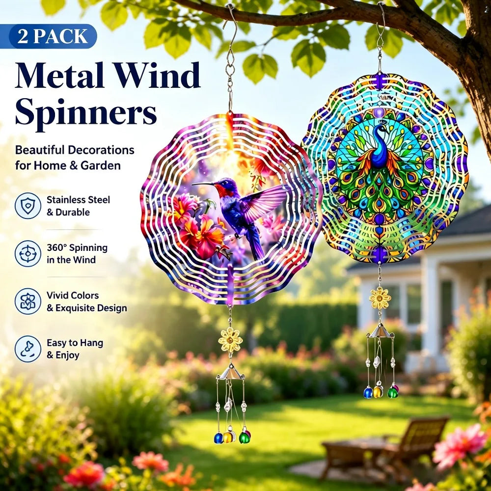 Rotating Hummingbird And Peacock Wind Spinner For Garden Decor
