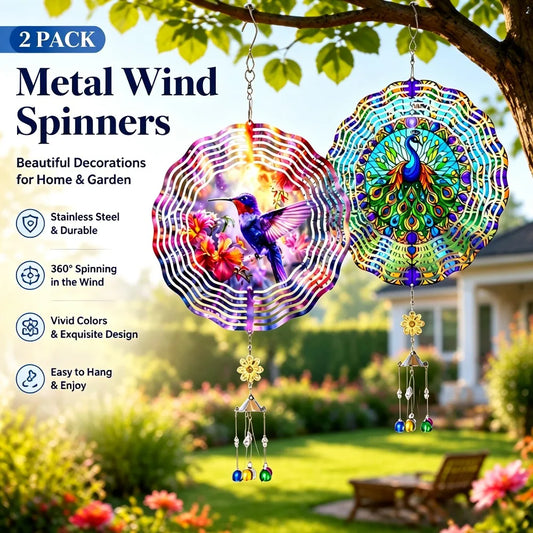 Rotating Hummingbird And Peacock Wind Spinner For Garden Decor