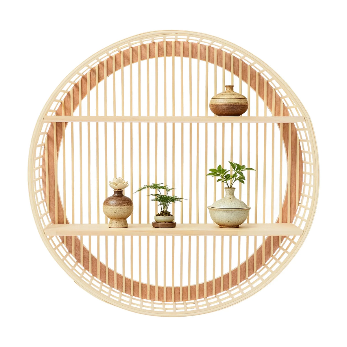 Two Tier Round Bamboo Wall Shelf With Farmhouse Decor