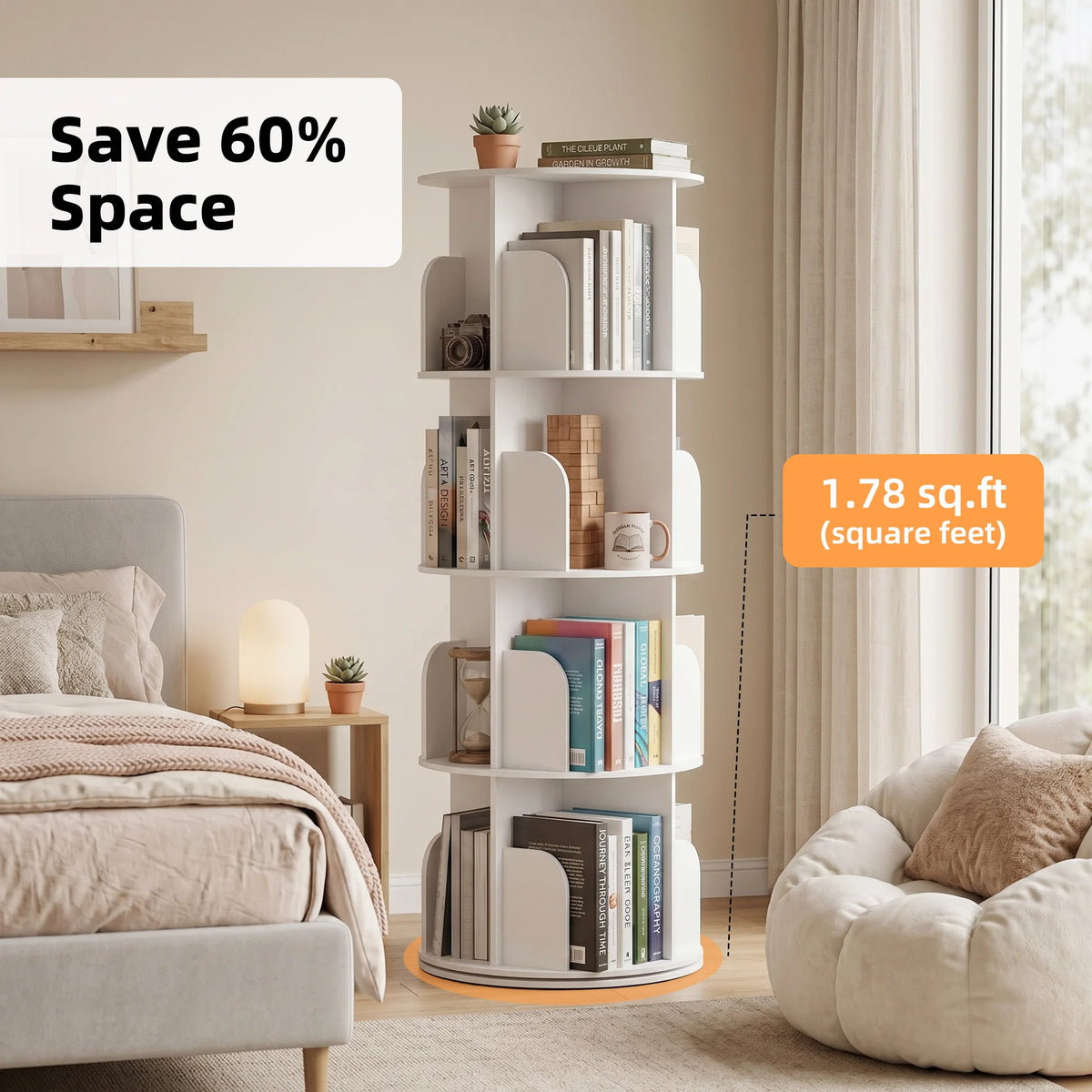 JHK Freestanding Rotating Corner Bookshelf With Storage Display