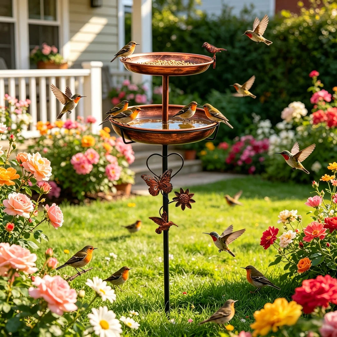 Outdoor Double Layer Bird Feeder and Bath Stand for Garden