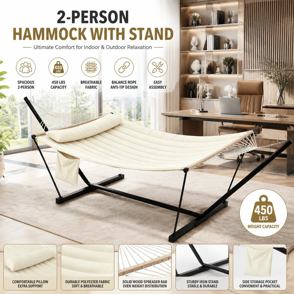 Double Hammock With Stand And Pillow For Outdoor Relaxation